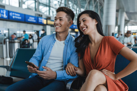 Young asian couple holding smartphone and smiling while waiting for their flight at the airportの素材