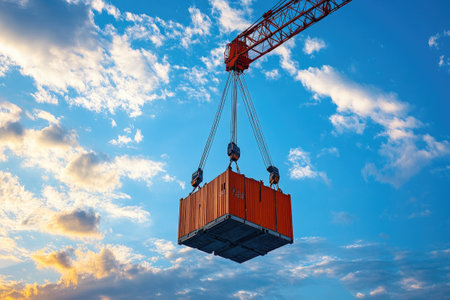 Industrial crane lifting orange cargo container against dramatic cloudy sky at sunset, symbolizing global logistics and transportationの素材