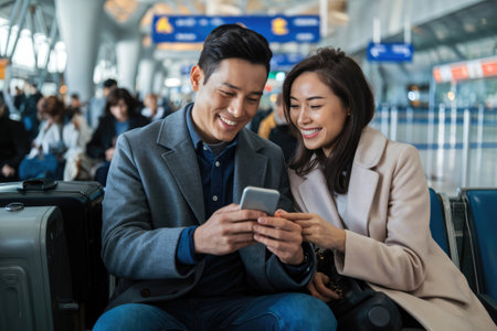Two asian businesspeople smiling and using a smartphone while waiting for their flightの素材