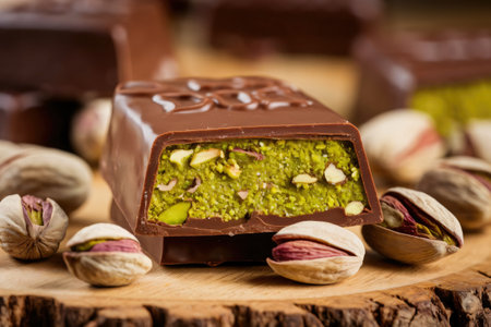Chocolate bar with delicious pistachio filling is presented on a wooden surface with pistachios surrounding itの素材