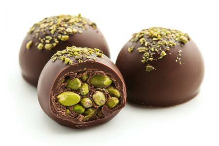 Chocolate pralines with chopped pistachios revealing delicious filling on white backgroundの素材