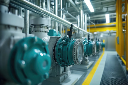 Pipes and valves regulating pressure and temperature inside a modern industrial factoryの素材