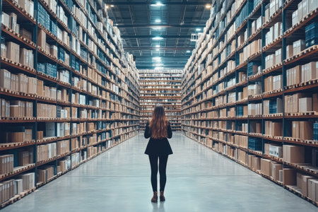 Female manager looking at merchandise stored on shelves in a big warehouseの素材