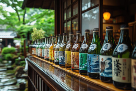 Many colorful sake bottles are lined up on a wooden shelf in a traditional Japanese settingの素材