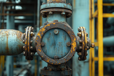 Close-up of corroded pipes and flanges in an industrial refinery, highlighting the effects of time and wear on metal infrastructureの素材