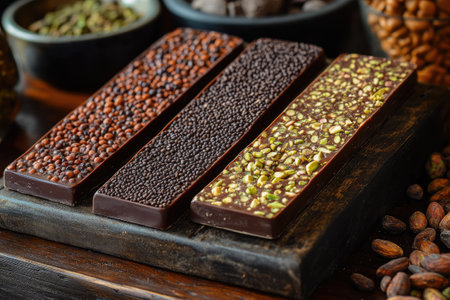Gourmet chocolate bars with various toppings, including quinoa, chia seeds, and pistachios, presented on a wooden boardの素材