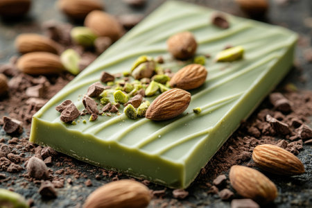 Green matcha chocolate bar sprinkled with pistachios and almonds, lying on a bed of cocoa powder, creating a tempting confectionery sceneの素材