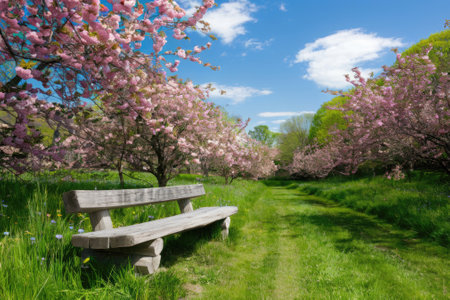 Fallen pink petals create a carpet under cherry trees in full bloom, inviting visitors to rest on the wooden benchの素材