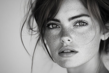 Close-up black and white portrait of a freckled model exuding confidence and natural beautyの素材