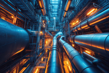 Complex network of pipes transporting energy and resources within an illuminated industrial facility, showcasing modern power generationの素材
