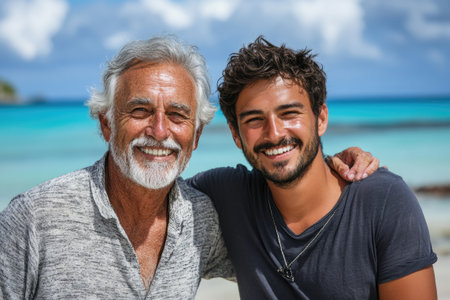Happy father and son are smiling together during a relaxing summer vacation on a tropical beachの素材