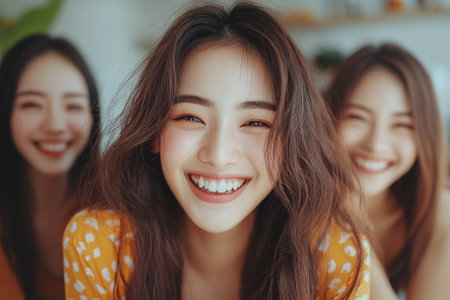 Three cheerful young Asian women are smiling and enjoying time togetherの素材