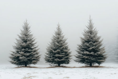 Three frosted pine trees stand out against a foggy white sky in a snowy winter landscapeの素材