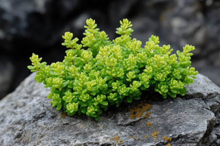 Close-up of sedum acre, commonly known as gold moss or biting stonecrop, thriving on a gray rockの素材