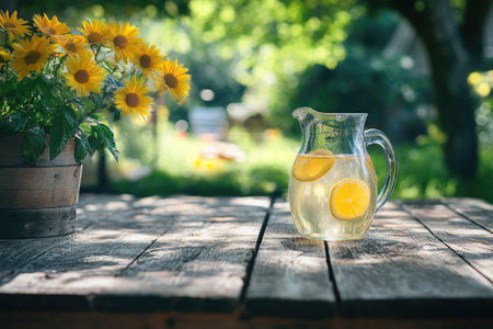 Glass pitcher of refreshing homemade lemonade with lemon slices on rustic wooden table in summer gardenの素材