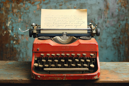 Old red typewriter with handwritten letter on wooden desk against rustic blue background, evoking nostalgia and vintage writingの素材