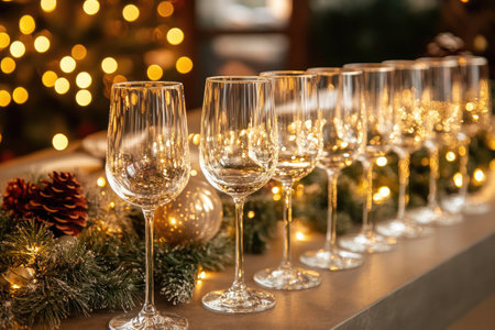 Elegant wine glasses awaiting guests at Christmas dinner party with festive decorations and warm bokeh lights in the backgroundの素材