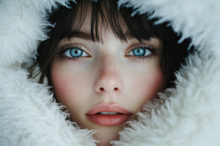 Close-up portrait of attractive young woman with blue eyes, wearing a white fur hood, enjoying winter seasonの素材