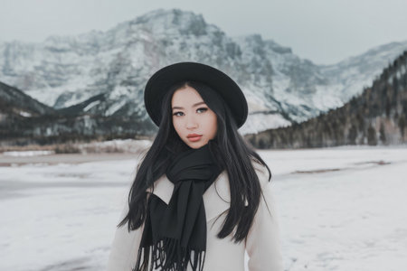 Fashionable woman enjoying winter landscape wearing warm clothing like hat and scarfの素材