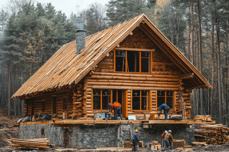 Construction workers building a wooden log cabin in a tranquil forest setting, showcasing traditional craftsmanship and sustainable building practicesの素材