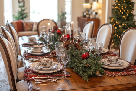 Elegant Christmas table setting with festive garland, candles, ornaments, and fine china, creating a warm and inviting atmosphere for a holiday gatheringの素材