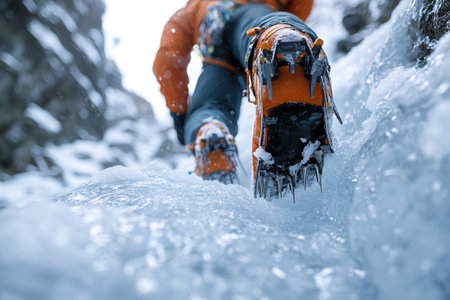 Ice climber walking on a frozen waterfall using crampons during winter seasonの素材