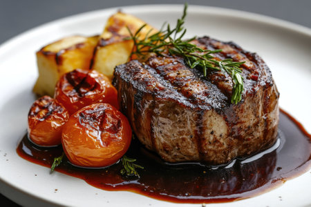 Delicious grilled beef steak served with roasted potatoes, grilled tomatoes, rosemary and balsamic sauce reductionの素材