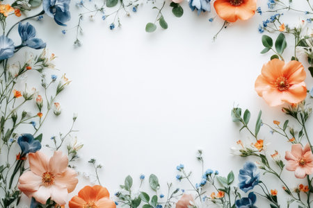 Beautiful flowers forming a frame composition on a white background, creating copy space for text or designの素材