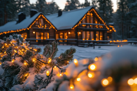 Warm christmas lights decorating snowy pine branches with a cozy wooden chalet in the background during a winter eveningの素材