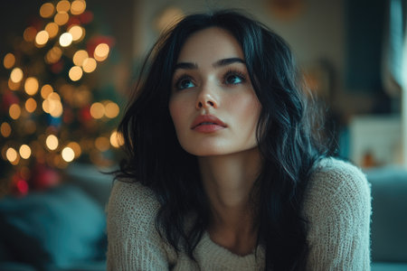 Young brunette woman wearing a beige sweater is contemplating near blurred christmas tree lightsの素材