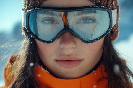 Close-up of a confident female skier wearing frozen goggles and an orange jacket in a snowy mountain settingの素材
