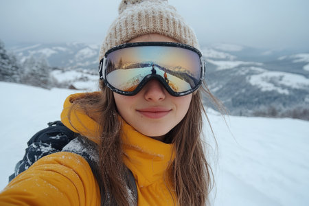 Young woman hiker wearing ski goggles enjoys stunning mountain view reflected in her goggles while hiking in winterの素材