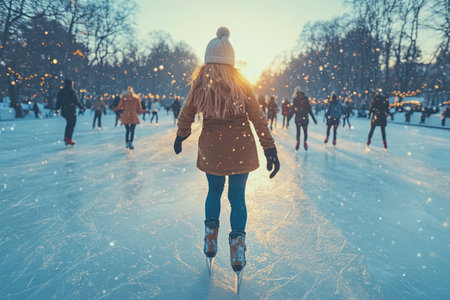 Tourists are enjoying ice skating on a frozen lake in a beautiful snowy forest at sunsetの素材
