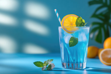 Glass of refreshing blue summer beverage with ice cubes, lemon slice, mint leaves, and a paper straw, creating a vibrant and cool sceneの素材
