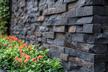 Modern stone wall providing a textured backdrop to a vibrant flowerbed, enhancing the garden's beautyの素材