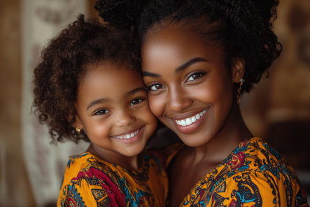 Mother and daughter are smiling and wearing traditional African clothingの素材