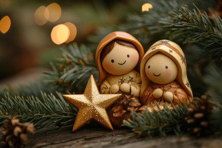 Christmas greeting card with cute mary and joseph figurines smiling under christmas tree with golden star and pine conesの素材