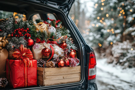 Christmas presents and decorations filling the trunk of a car, ready for holiday travelの素材