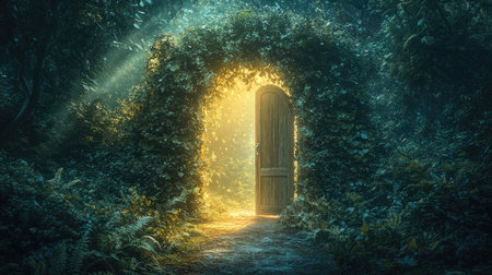 Wooden door in a mysterious forest, opening into a magical world with bright lightの素材