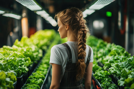Young woman agronomist inspecting organic hydroponic vegetable cultivation in innovative vertical farmの素材