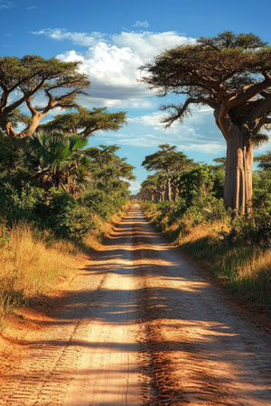 Scenic view of a dirt road passing through a majestic avenue of baobab trees in the African savannahの素材