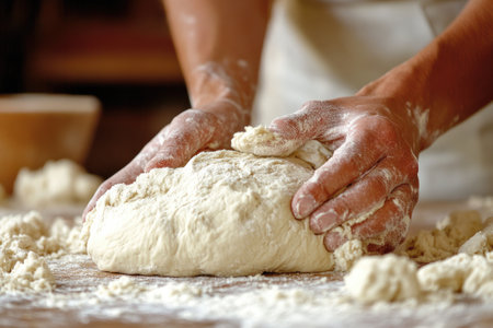 Baker kneading dough for bread making in a bakeryの素材