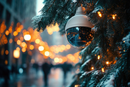 Dome cctv camera disguised as Christmas ornament hanging on snowy pine tree, monitoring illuminated city street during winter holidaysの素材