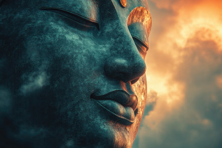 Serene face of a giant buddha statue emerging from the clouds, illuminated by the warm glow of the setting sunの素材