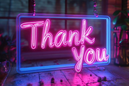 Pink neon sign saying thank you hanging in a dark room with blue neon frameの素材