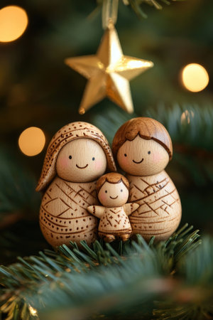 Wooden Christmas family ornament hanging on a Christmas tree with a golden star and bokeh lights in the backgroundの素材