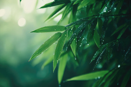 Vibrant green bamboo leaves glistening with raindrops create a tranquil scene in a peaceful forestの素材