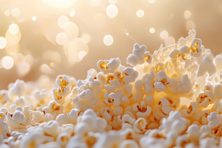 Popcorn kernels bursting with a satisfying crunch, creating a delicious snack for movie night or any occasionの素材
