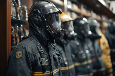 Firefighter uniforms with helmets and gas masks hanging in a row, ready for use in emergenciesの素材