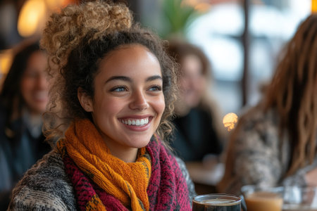 Happy young woman wearing a scarf smiling while enjoying a drink at a cafe with friendsの素材